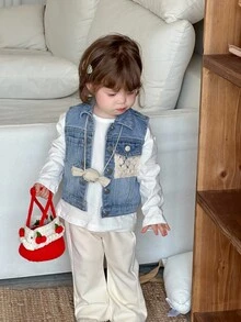 DAZY Baby Girl Lace Patchwork Casual Denim Vest With Lapel - Blue - View 3