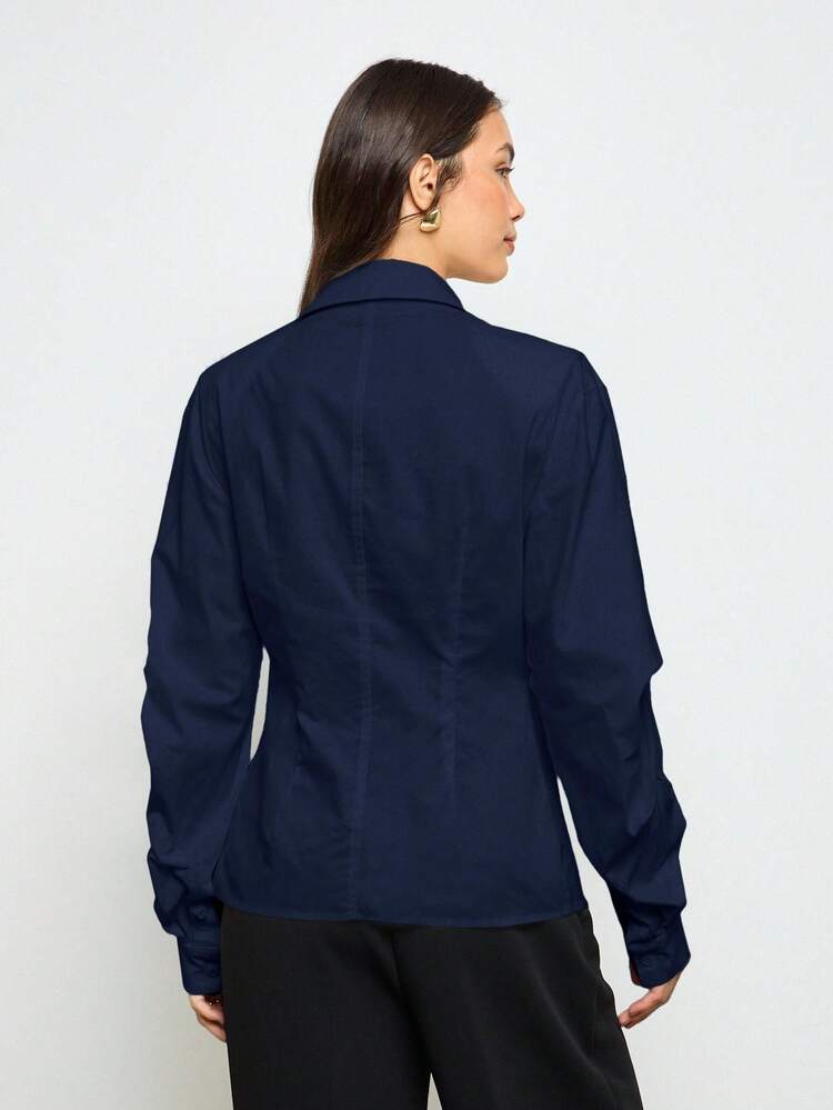 Balloon Sleeve Asymmetrical Button Down Fitted Blouse