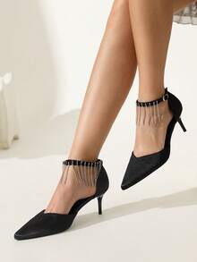 CUCCOO CHICEST Women's Pointed Toe Rhinestone Pendant Mid Heel Pumps, Elegant Luxurious Romantic Gothic Fashion Sexy Black Satin High Heels, Hollow Out Formal Dress Shoes For Wedding, Party, Cocktail, Holiday - Black - View 7