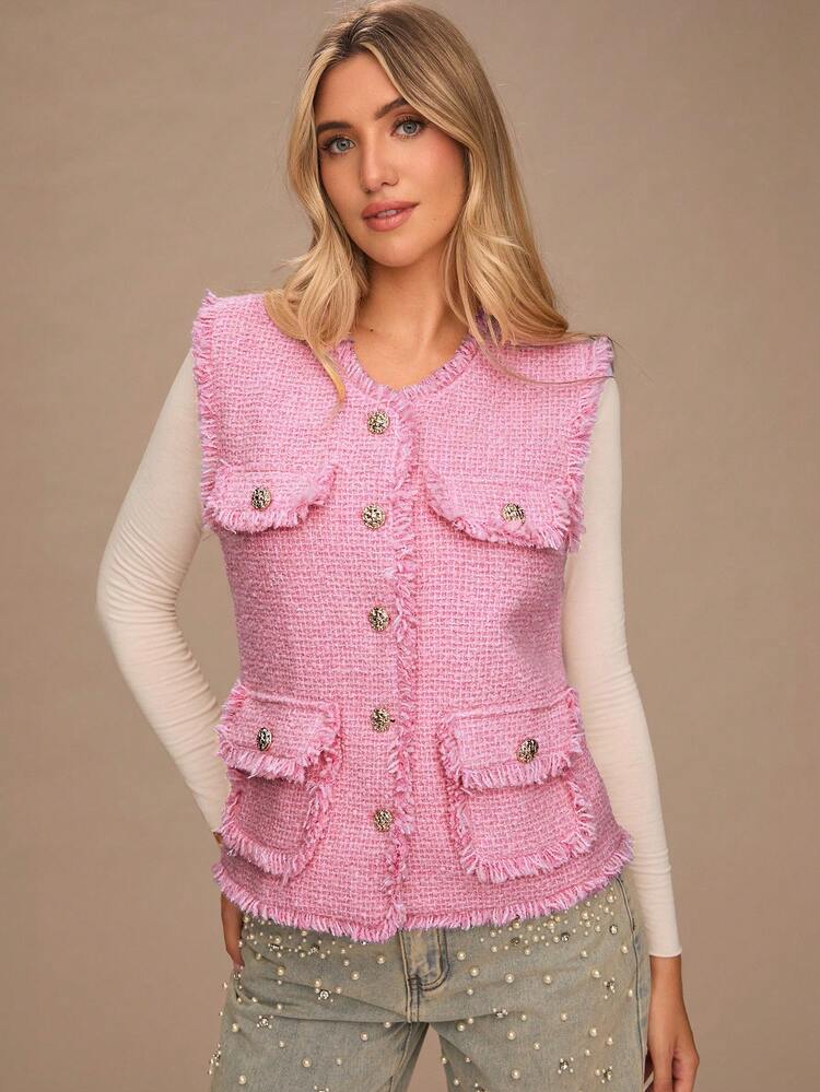 Enchnt 女士金属单排扣流苏优雅背心夹克 - 粉色 - 查看 4