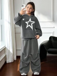 SHEIN Tween 女童休闲街头风星星字母图案连帽衫和斜纹布工装裤两件套运动服套装，儿童装，深灰色 - 深灰色 - 查看 5
