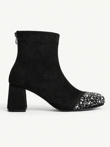 CUCCOO CHICEST Women's Autumn/Winter New Rhinestone Embellished Colorblock Square Toe Chunky Heel Elegant Dress Shoes, Suitable For Formal Occasions, Parties, Workplace, Halloween, Christmas, Thanksgiving - Black - View 6