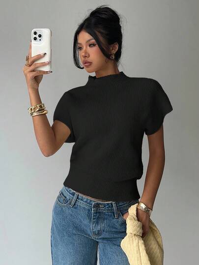 Aloruh Women's Solid Color Stand Collar Batwing Short Sleeve Casual Knit Top, Autumn,Fall