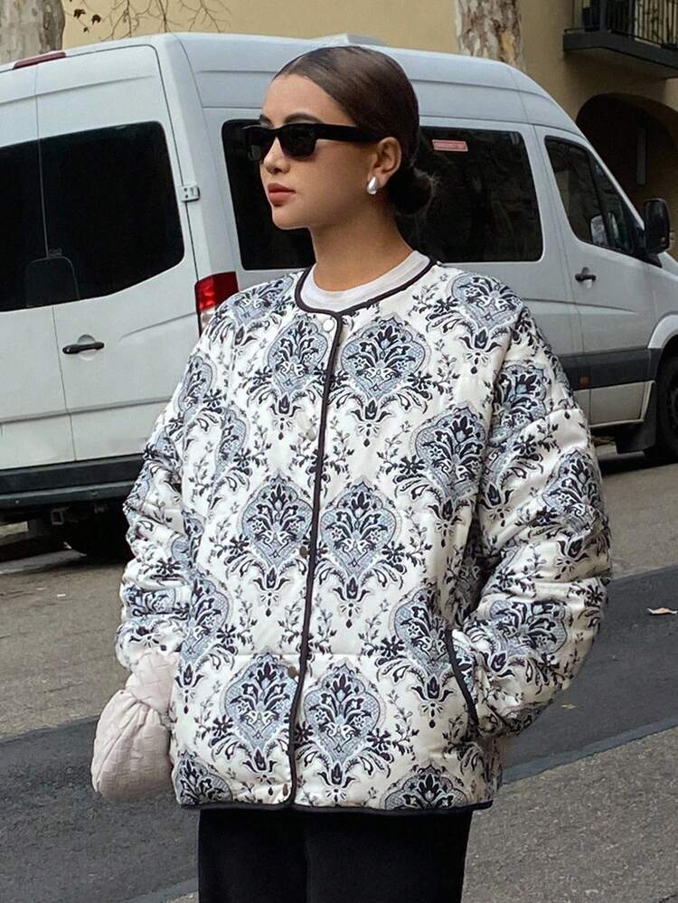 Autumn/Winter New Loose Casual Round Neck Blue And White Porcelain Print Women Padded Coat Jacket