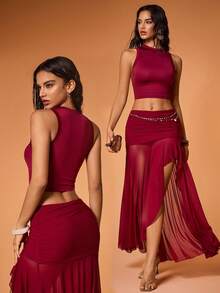 Y2Kool BiGraphic Top de tirantes casual y cómodo para mujer en color burdeos, top de fiesta rojo oscuro