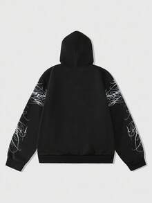 ROMWE MEN Goth Cárdigan con capucha negro con estampado de líneas y cadenas góticas, ropa de calle de moda para hombres jóvenes, uso diario casual, otoño e invierno - Negro - Ver 2