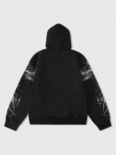 Street Life Cárdigan con capucha negro con estampado de líneas y cadenas góticas, ropa de calle de moda para hombres jóvenes, uso diario casual, otoño e invierno