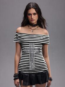 ROMWE EDITION Punk Sexy Y2K Striped Rivet Cross Women's Slim Fit T-Shirt