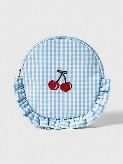Kawaii Blue Plaid Embroidered Cherry Pattern Round Lace Large Capacity Portable Cosmetic Bag