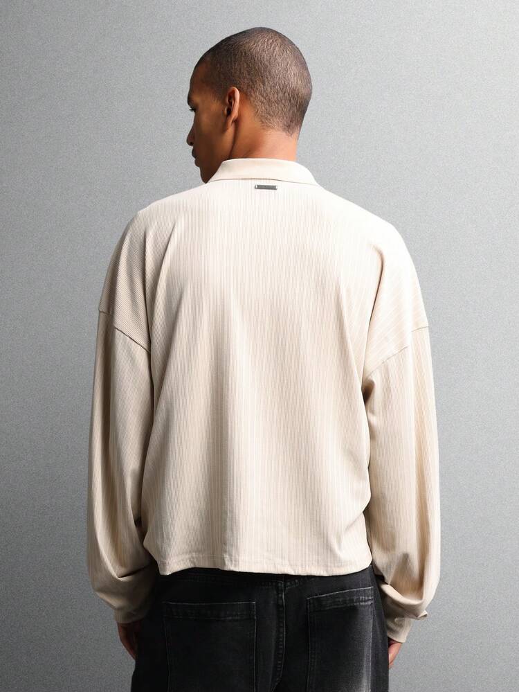 リブ編みテクスチャードロングスリーブポロシャツ（襟付き）