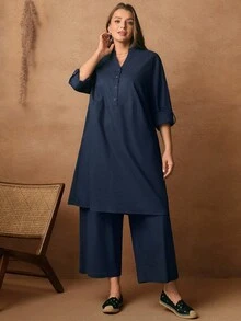 Rosumi Plus Size Women's Casual Solid Color Notched Neck Button-Up Roll Tab Sleeve Long Loose Top And Wide Leg Pants 2 Pieces Set, Spring/Autumn, , ,Plus Size  Elegant Casual,Summer