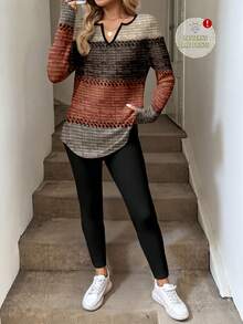 SHEIN LUNE 2 件套女士秋冬长袖 T 恤和紧身裤，深棕色和橙色仿机械条纹定位印花图案，适合休闲家居风格 - 彩色 - 查看 2