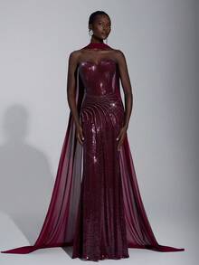 Elitara 优雅奢华深红色串珠刺绣手工抽绳贝壳领性感开衩 A 字形鱼尾裙，带缎带，女士正式晚礼服 - 酒紅色 - 查看 6