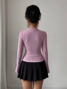 Elenzga Women's Ribbed Brushed Fitted Ruched Flare Sleeve T-Shirt - Dusty Purple - View 2