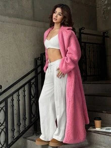 SHEIN ICON 女士粉色翻领泰迪外套，适合秋冬季外出 - 粉色 - 查看 4