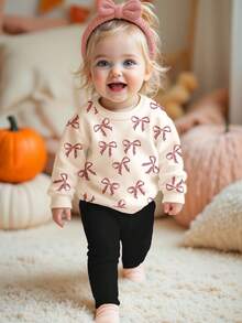 SHEIN Happikins 柔和米白色和黑色，可爱迷你豹纹蝴蝶结图案，女婴休闲针织加厚圆领长袖卫衣和打底裤套装，适合秋冬季节，秋季穿搭，舒适透气，适合宝宝秋季叠穿，时尚百搭，休闲装扮，女婴图案服装，返校季，秋季服装，返校季宝宝套装 - 彩色 - 查看 1