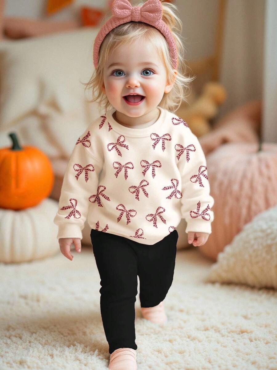 SHEIN Happikins 柔和米白色和黑色，可爱迷你豹纹蝴蝶结图案，女婴休闲针织加厚圆领长袖卫衣和打底裤套装，适合秋冬季节，秋季穿搭，舒适透气，适合宝宝秋季叠穿，时尚百搭，休闲装扮，女婴图案服装，返校季，秋季服装，返校季宝宝套装 - 彩色 - 查看 1