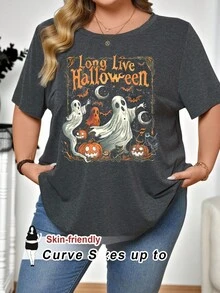 SHEIN CURVE+ Camiseta holgada con gráfico de Halloween de talla grande para otoño/invierno - Blanco - Ver 3