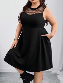 SHEIN CURVE+ Plus Size Elegant Black Mesh Patchwork A-Line Dress Sleeveless Round Neck, Fall Winter 2026 22W - Black - View 3
