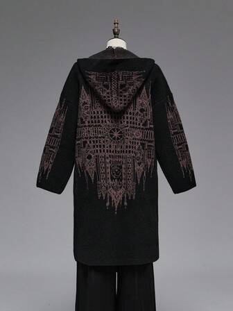 Goth Dark Gothic Palace Print Fringe Trim Plus Size Hooded Cardigan