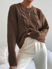 EMERY ROSE Suéter holgado de mujer de manga larga con patrón de cable, casual, para otoño/invierno - Caqui - Ver 4