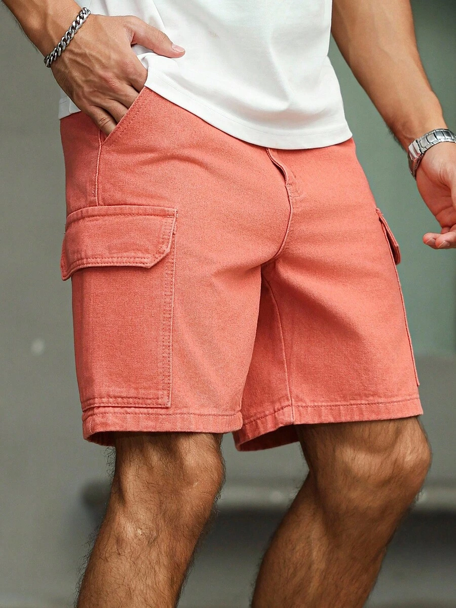 Manfinity Homme 男士夏季休闲工装牛仔短裤男友款水洗口袋直筒短裤外出 - 粉色 - 查看 1