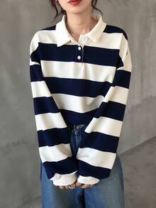 FRIFUL Women's Loose Fit Round Neck Drop Shoulder Long Sleeve Striped Casual T-Shirt, Versatile For Autumn/Winter