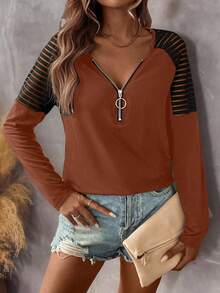 EMERY ROSE Women's Autumn Splice Shoulder Zip V-Neck Raglan Long Sleeve Casual Knit T-Shirt