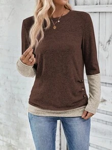 EMERY ROSE 女士休闲撞色拼布二合一 T 恤，秋季图案 T 恤女上衣 - 咖啡棕 - 查看 4