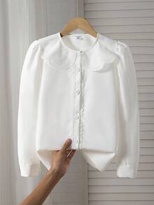 少女春秋休闲时尚蕾丝领衬衫，白色长袖纽扣衬衫，适合少女返校、春夏秋季穿着，优雅温柔，日常穿着、度假、秋冬写真皆宜。 - 白色 - 查看 8
