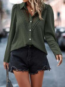 SHEIN LUNE Swiss Dot Guipure Lace Insert Puff Sleeve Shirt,Long Sleeve Tops Fall Cloth For Women - Army Green - View 4
