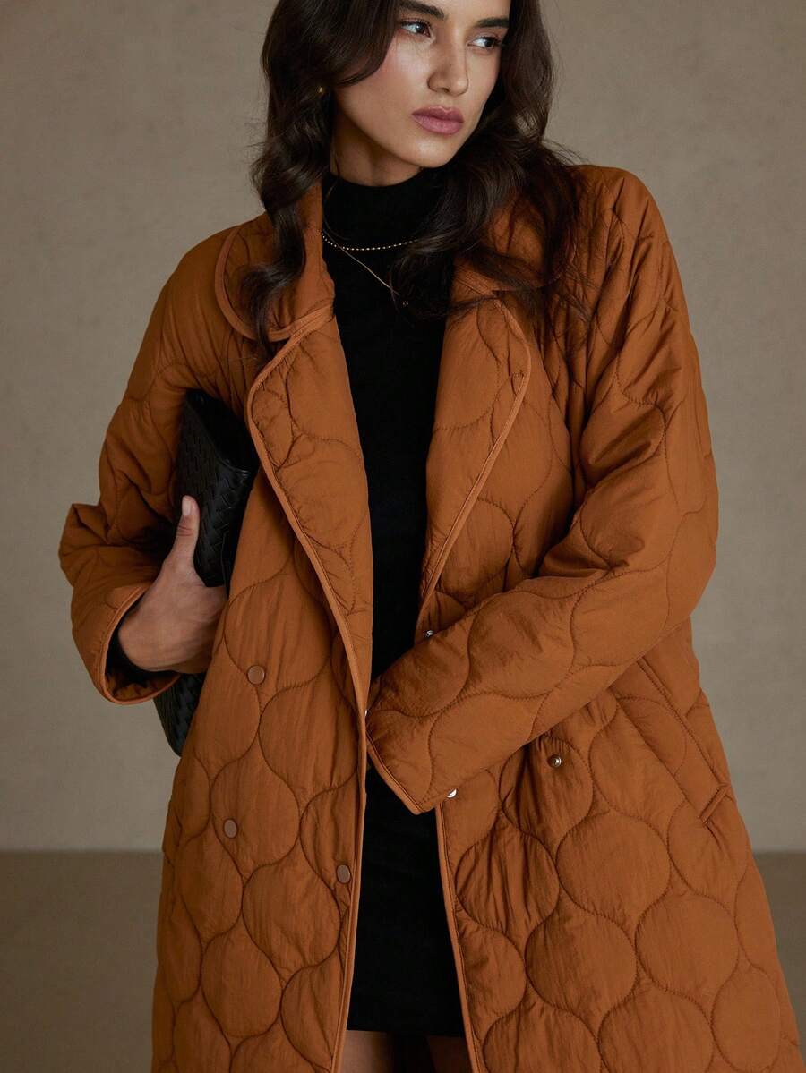 Aveloria 女式法式休闲翻领双排扣绗缝羽绒夹克，冬季 - 棕色 - 查看 1