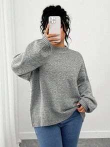SHEIN Tall CURVE Plus Size Casual Drop Shoulder Crew Neck Long Sleeve Sweater Winter Fall Autumn - Grey - View 6
