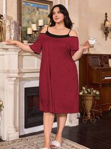 Côtesoire 大码菱形印花撞色休闲睡裙，Moo Moo睡衣 - 酒紅色 - 查看 6