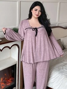 Dazy Plus 2pcs Plus Size Women Elegant Loose Fit Thickened Fleece Pajama Set, Autumn/Winter, Fall Winter Clothes, Cozy - Pink - View 3