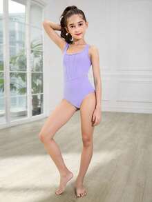SHEIN Tween Girls' Simple Purple Bodysuit With Mesh Inset, Slim Fit For School, Professional Training, Ballet, Gymnastics, Dance Studio, Dancewear - Purple - View 5