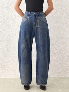 SHEIN Frenchy Damen Jeans mit Metallic-Effekt, locker geschnitten, Lässig, Tapered Bein - Blau - Übersicht 5