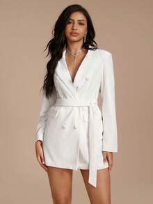 Glamine Women's Elegant Casual Velvet Blazer , Long Sleeve Double-Breasted, Women's Winter Wear, Airport Travel, Warm, Versatile, Business Commute, Daily Casual - White - View 4