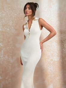 CLARA VERO 女士高领金色纽扣修身毛衣裙罗纹针织中长款优雅