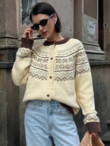 Livesso Women's Colorblock Cardigan With Fair Isle Style Winter - Beige - View 5