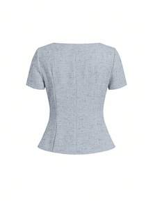 Ellevyn 女士方领短袖单排扣优雅衬衫 - 藍色 - 查看 2