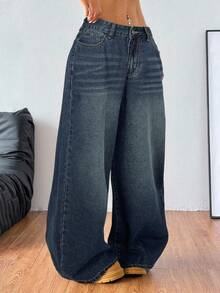 Coolane Quần jean ống rộng dáng rộng, đơn sắc, có túi dành cho nữ - Rửa tối - Xem 5