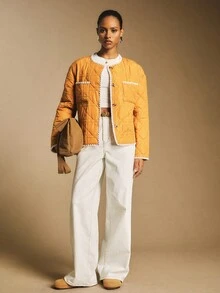 Poéselle 女士休闲百搭撞色滚边外套，女士优雅白色袖口毛边大衣，商务休闲女装，女士冬季外套，女士冬季大衣，女士秋季装，女士休闲装，复古风，优雅女士，秋冬 - 卡其色 - 查看 3