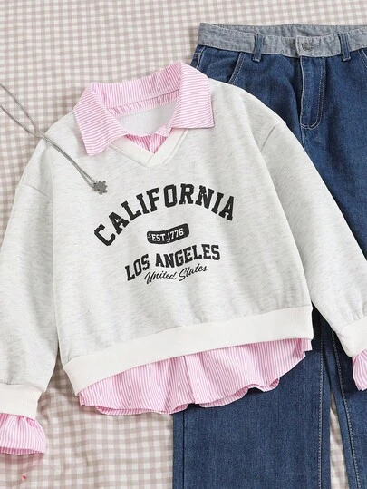 青少年女孩运动衫，休闲学院风百搭，二合一运动衫衬衫领数字和字母印花豹纹宽松加州运动衫女孩长袖运动衫儿童灰色运动衫儿童服装