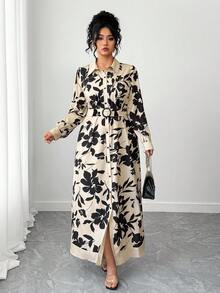 Elenzga Plus Size Women Long Sleeve Shirt Collar Dress - Multicolor - View 4