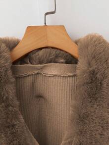 Linhara Plus Size Casual Solid Color Plush Patchwork Cardigan & Long Pants Set, Autumn/Winter Fall Cloth For Women - Camel - View 4