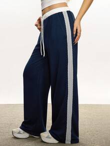 Rina Fox Quần ống rộng ống rộng phối ren tương phản eo có dây rút màu tương phản dành cho nữ - Màu xanh hải quân - Xem 1