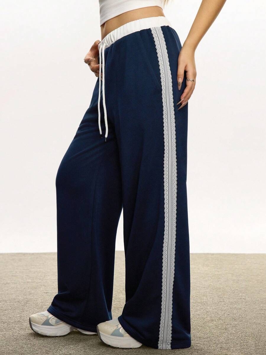 Rina Fox Quần ống rộng ống rộng phối ren tương phản eo có dây rút màu tương phản dành cho nữ - Màu xanh hải quân - Xem 1