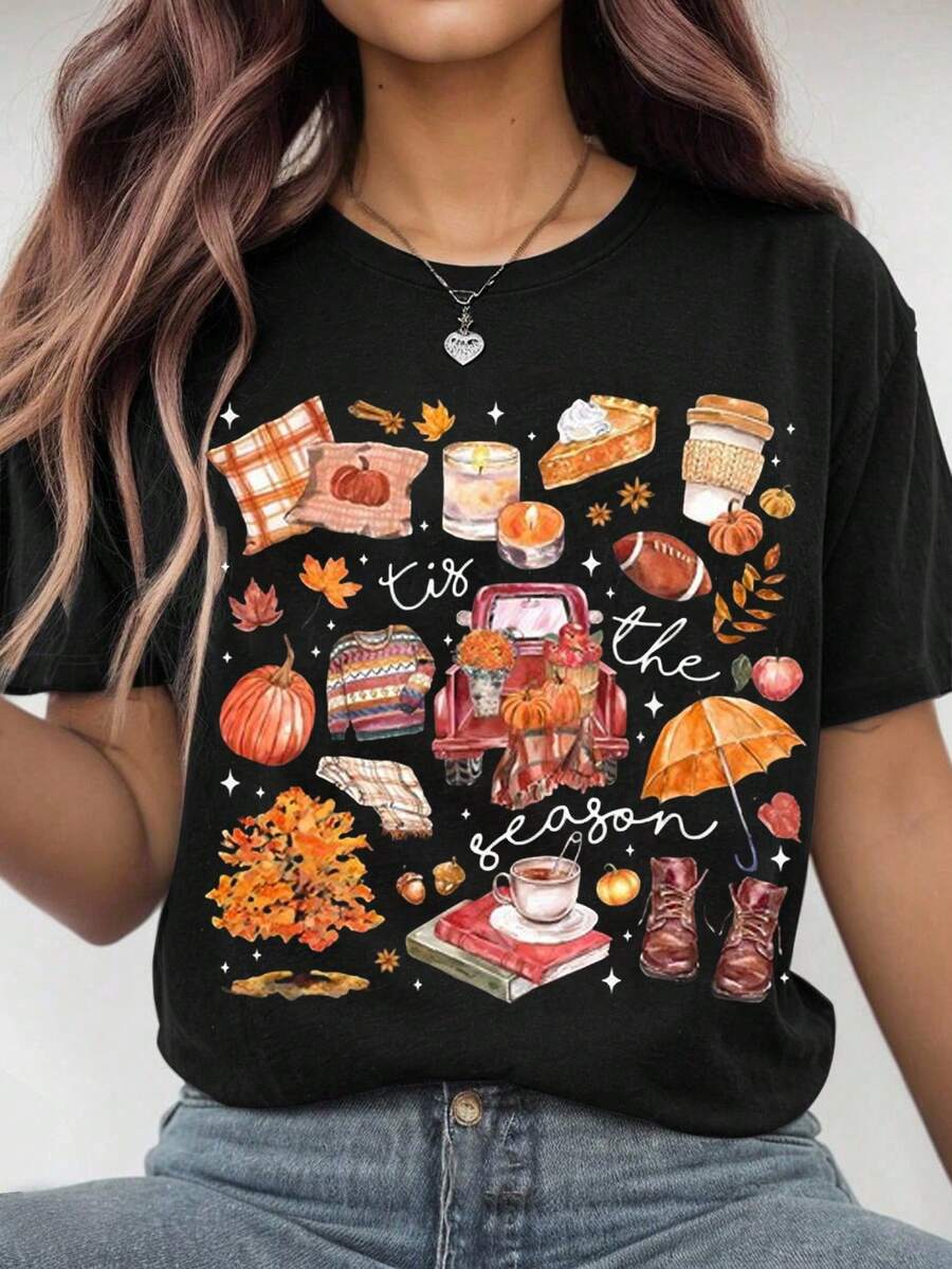 SHEIN Unity 女士休闲感恩节图案 T 恤 - 秋收印花，带有南瓜、树叶和“本季”文字，圆领可机洗上衣，适合秋季假期和休闲装、节日服饰、季节性时尚 T 恤 - 黑色 - 查看 1