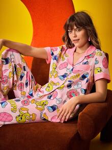 Chillnights X LOONEY TUNES Conjunto de pijama feminino com estampa de desenho animado, blusa de manga curta e calça, pijama de verão, conjunto de pijama feminino com desenho animado, conjunto de pijama rosa, pijama Tweety Bird, conjunto de roupa de dormir feminino